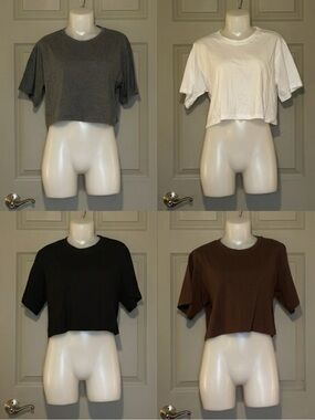 Bundle of 4 Cropped NWOT Short-Sleeve Tees - Size M (Black, White, Gray, Brown)